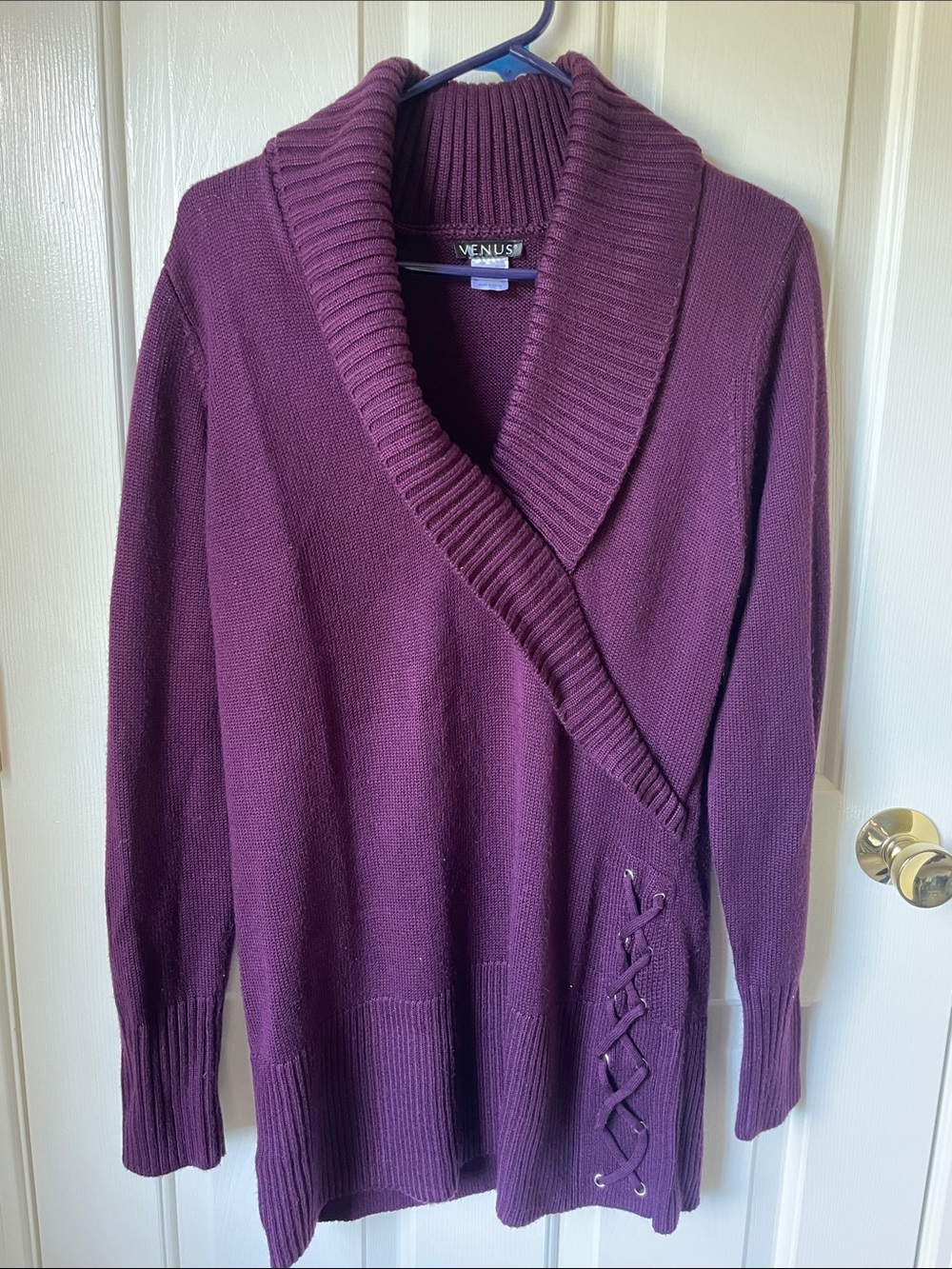 VENUS Plum Shawl-Collar Lace-Up Knit Cardigan